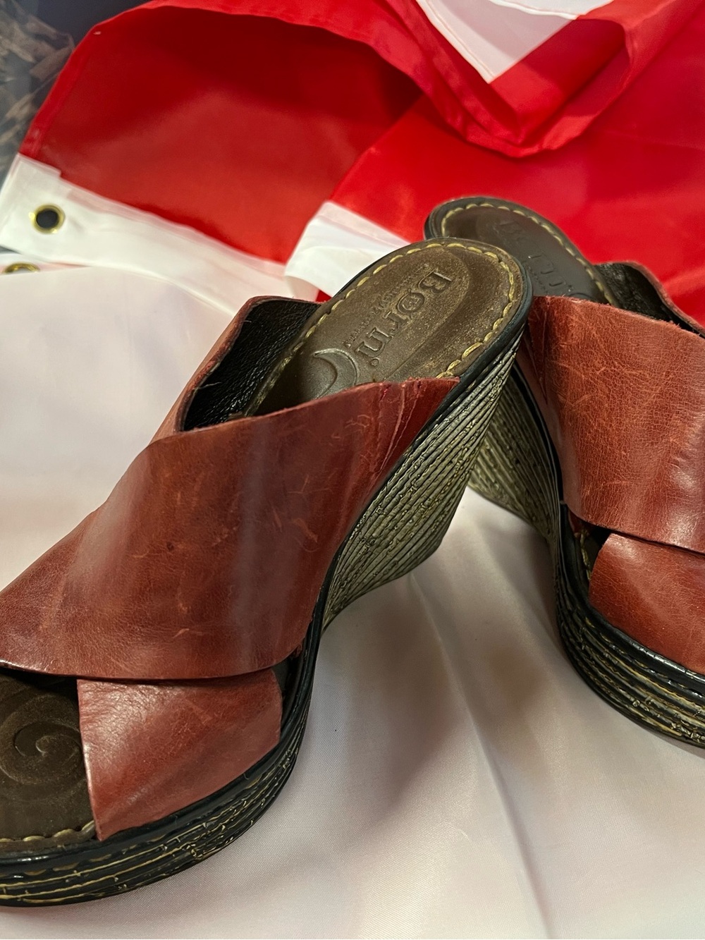 Born Red-Brown Crisscross Leather Wedge Sandals